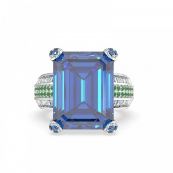 Inel cu Diamante Rotunde de 1.00 ct, Diamante Baget de 0.94 ct, London Blue Topaz de 0.10 ct, Smaralde de 0.26 ct  si London blue Topaz de 20.5 ct